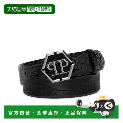 自营philipp pleinLeather Belt Hexagon - black/blacknickel 美