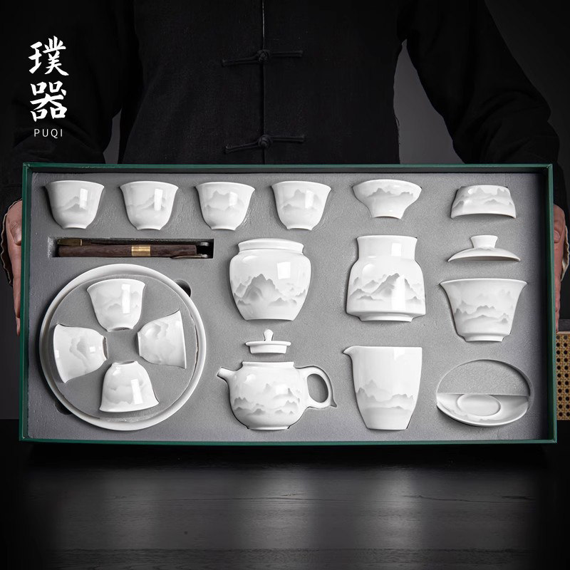 羊脂玉白瓷盖碗茶具礼盒套装复古高档陶瓷功夫茶杯泡茶专用送长辈,餐饮具,功夫茶具,淘宝优惠券,粉丝福利购,淘宝优惠卷