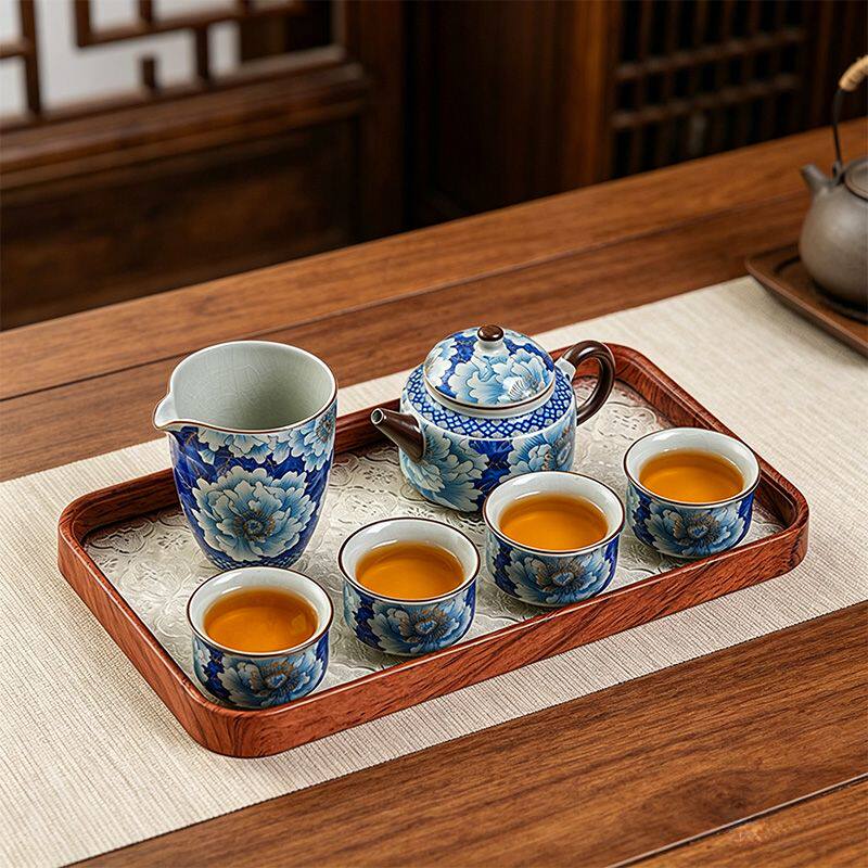 青花汝窑功夫茶具套装中式高档家用客厅民宿陶瓷泡茶壶茶杯干泡盘
