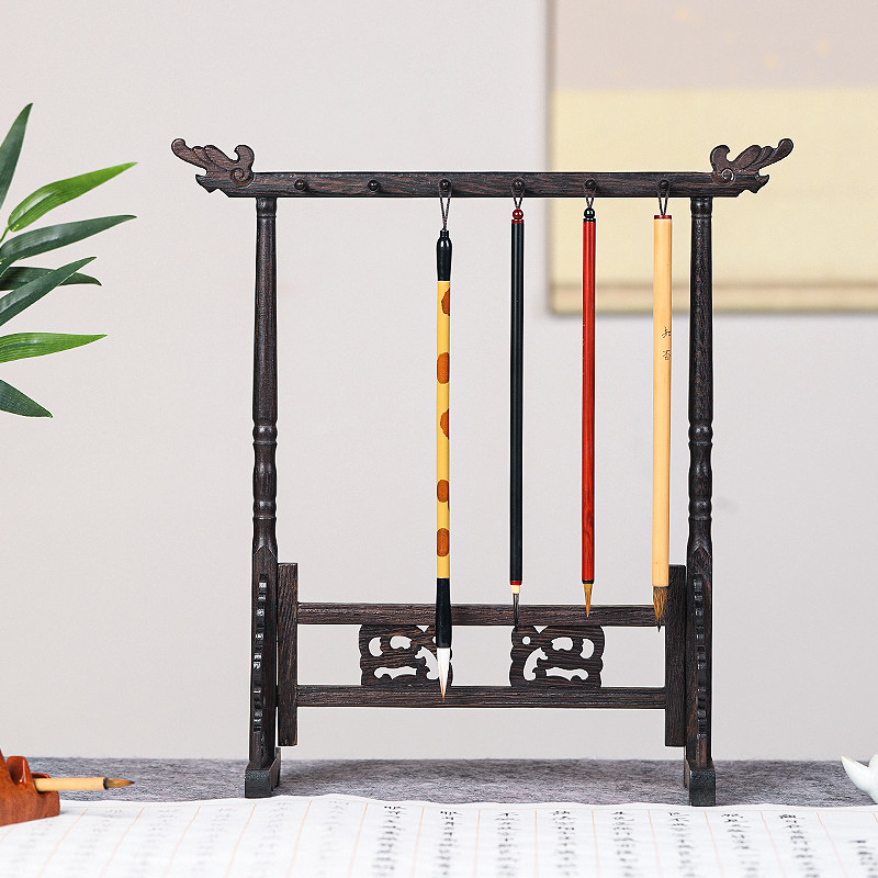 水云阁鸡翅木龙头笔挂笔架实木雕刻简约创意可拆卸复古新中式文房四宝书法用品摆件大中小12/14/16挂毛笔挂架