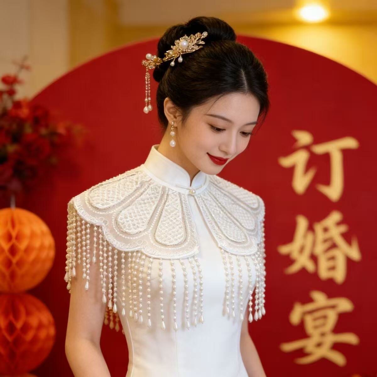 重工珍珠云肩蕾丝旗袍汉服披肩