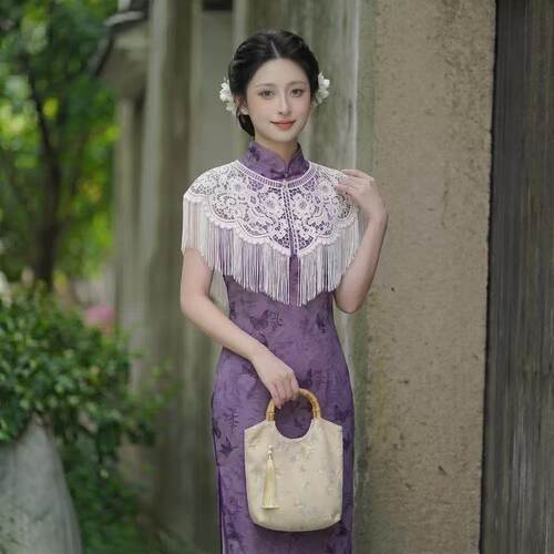 珍珠精致旗袍汉服重工水晶流苏云肩披肩复古百搭中式改良蕾丝古风