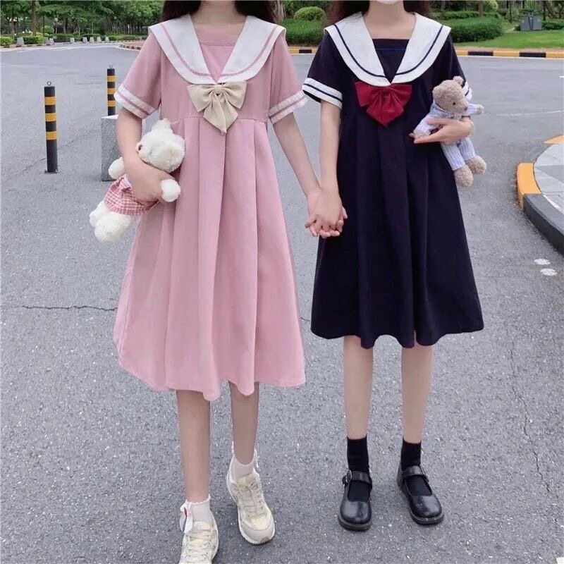 夏季学院风jk连衣裙海军领闺蜜蝴蝶结少女短袖学生甜美可爱a字裙