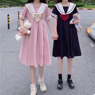 夏季学院风jk连衣裙海军领闺蜜蝴蝶结少女短袖学生甜美可爱a字裙