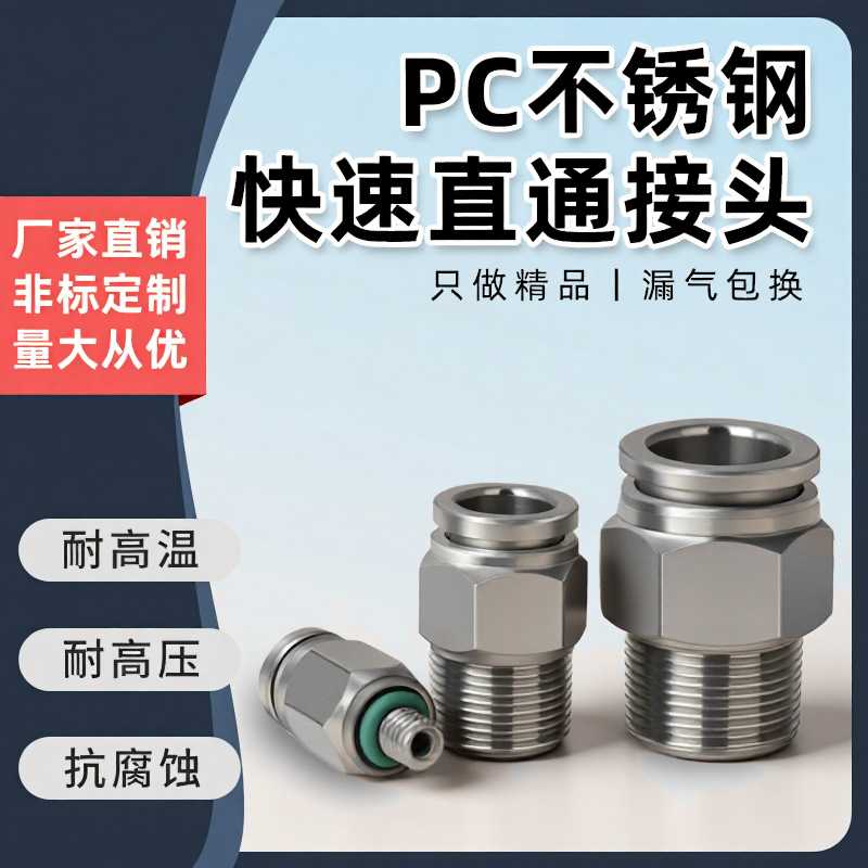 304不锈钢气管接头螺纹气动高压气嘴直通快速快插快接元件PC8-02