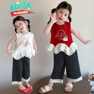 女童夏季套装莫代尔背心薄款夏季女波点韩版套装夏装女宝可爱上衣