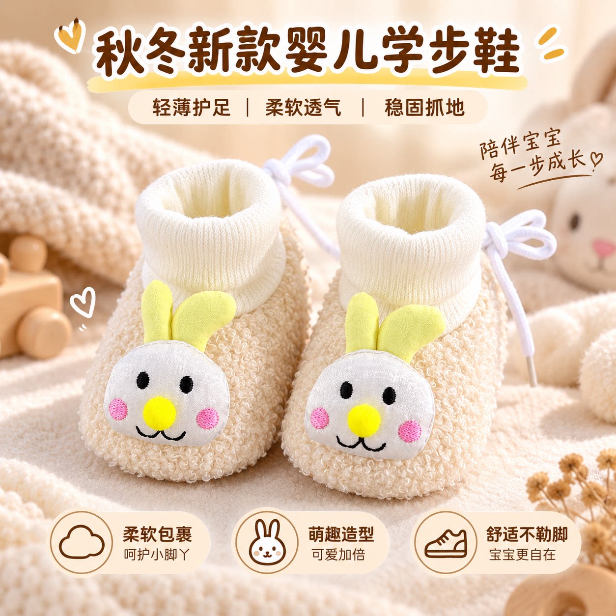秋冬新款婴儿学步鞋软底防掉宝宝鞋袜卡通兔子造型0-12月