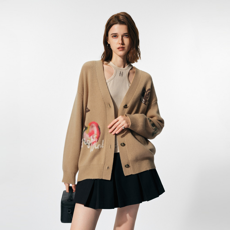 uti卡其色V领针织开衫女