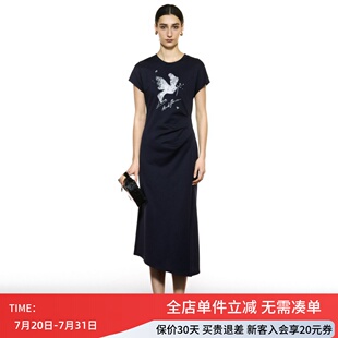 uti尤缇2025秋季新款藏青色收腰显瘦开衩连衣裙女长裙UK310401328