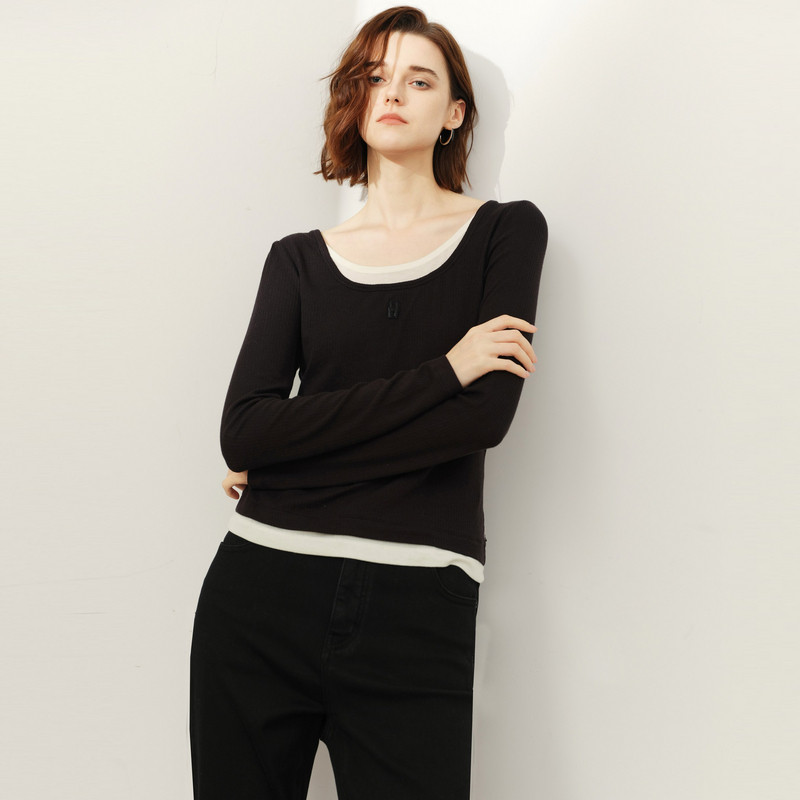 uti尤缇2026春季新款 假两件长袖T恤女弹力修身上衣UL120102890