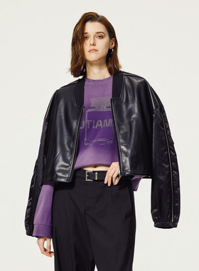 uti尤缇2024秋季新款 街头风短款PU皮外套女黑色皮衣UK3D0794790