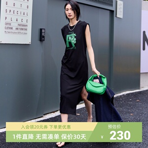 uti尤缇连衣裙女夏2023新款显瘦黑色印花无袖直筒裙子UJ2D0484990
