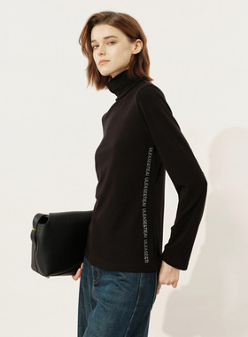 uti尤缇2025冬季新款 黑色半高领长袖T恤女休闲上衣UL4D0190390