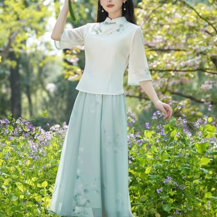 民族国风中式套装禅意茶服旗袍领