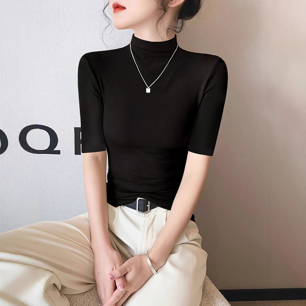 莫代尔黑色半高领短袖t恤女2025春夏冰丝中领半袖打底衫紧身上衣