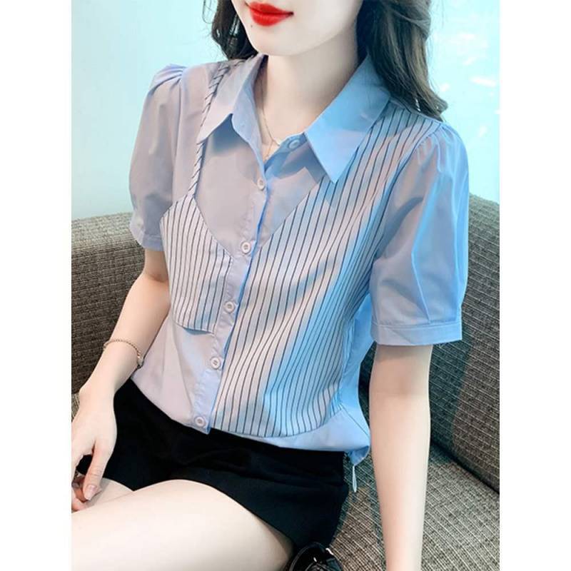 假两件条纹短袖衬衫女夏装2025夏季新款时尚气质衬衣百搭显瘦上衣