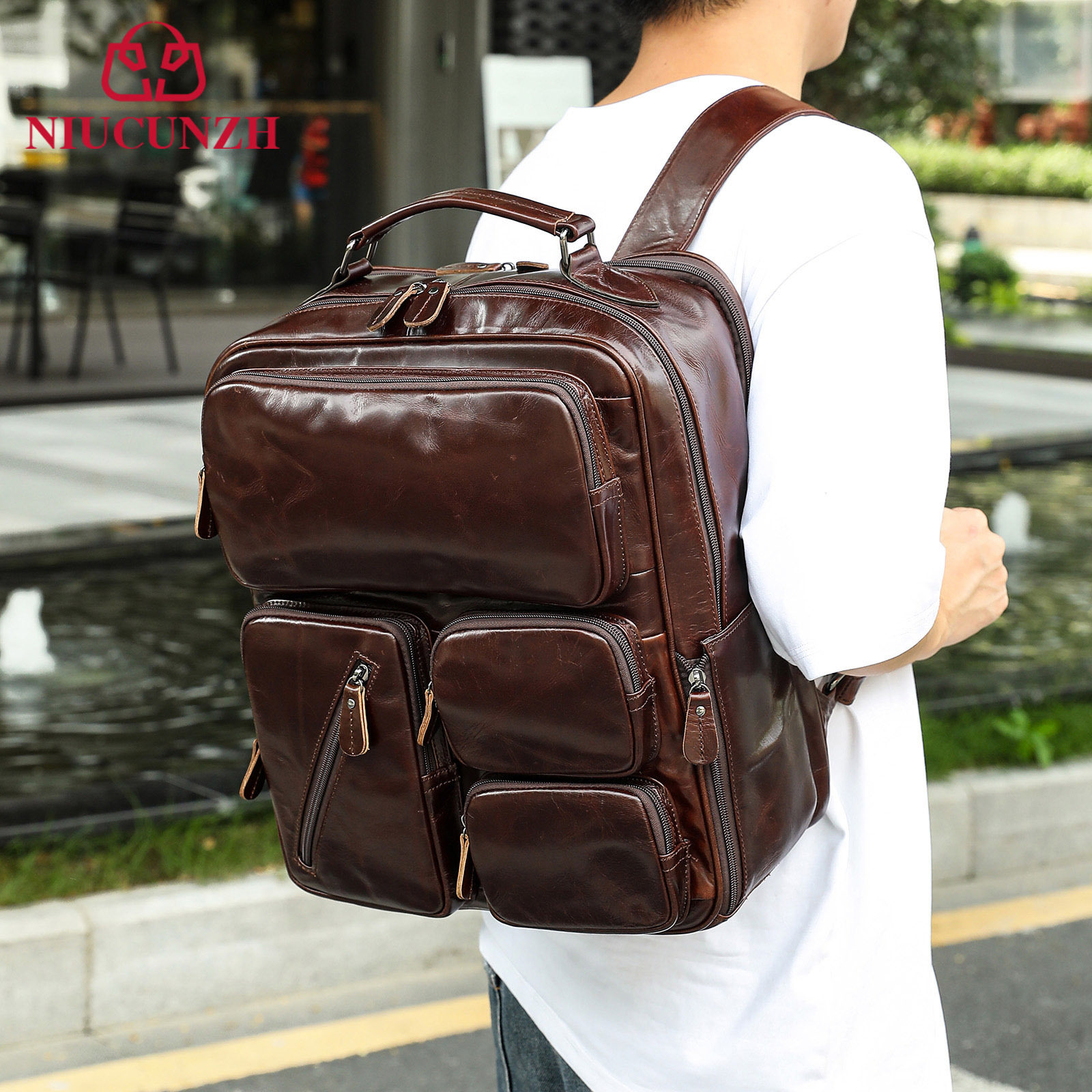 男士双肩包大容量旅行包简约电脑背包真皮多口袋商务包出差背包男