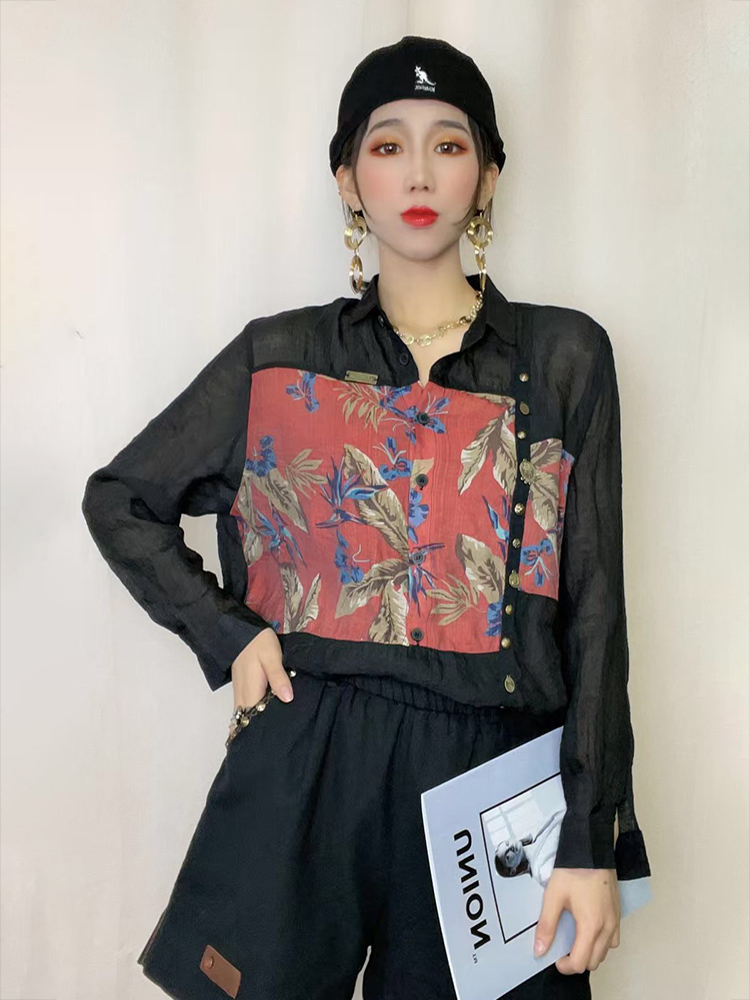 印花民族风长袖棉衬衣