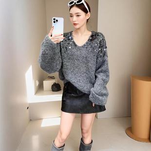 长袖 慵懒风宽松显瘦上衣女软软糯糯钉珠设计感套头毛针织衫 高级感