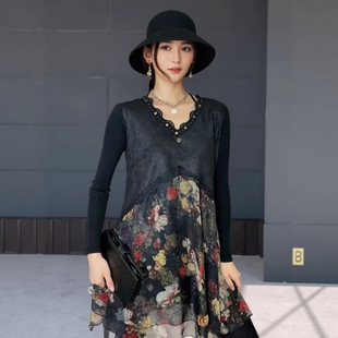 时尚宽松V领雪纺中长款打底连衣裙女秋冬加绒民族风洋气气质冬装