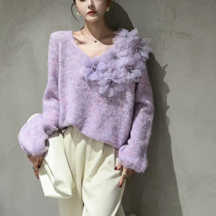 气质重工立体花朵净色针织衫 针织打底衫 秋季 百搭长袖 毛衣 新款 法式