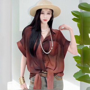 中国风下摆打结衬衫女落肩短袖均码妈妈复古上衣薄款印花小衫宽松