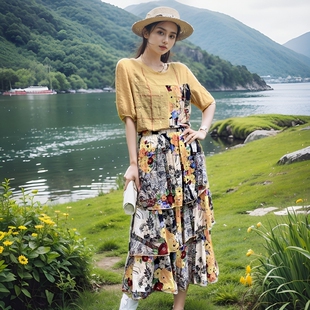 2026夏季女士薄款轻薄连衣裙上下装印花夏装度假高人气印花衬衣裙