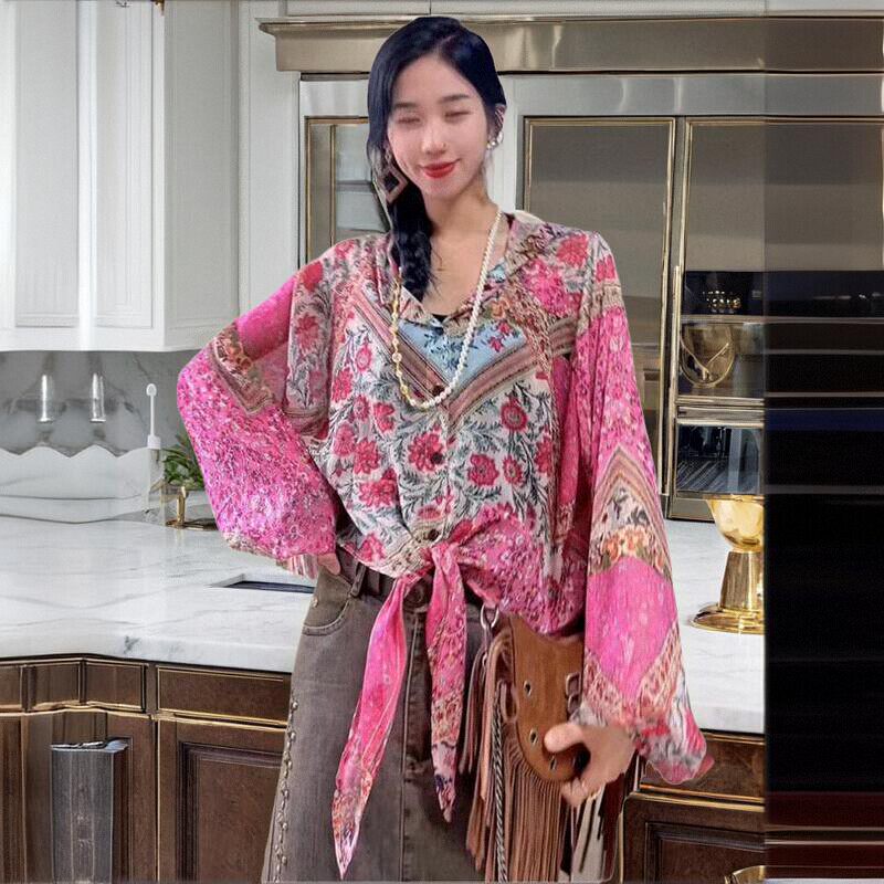 连帽显瘦遮肚上衣衣角绑带袖口皮皮筋连帽碎花衬衣女下摆打结衬衫