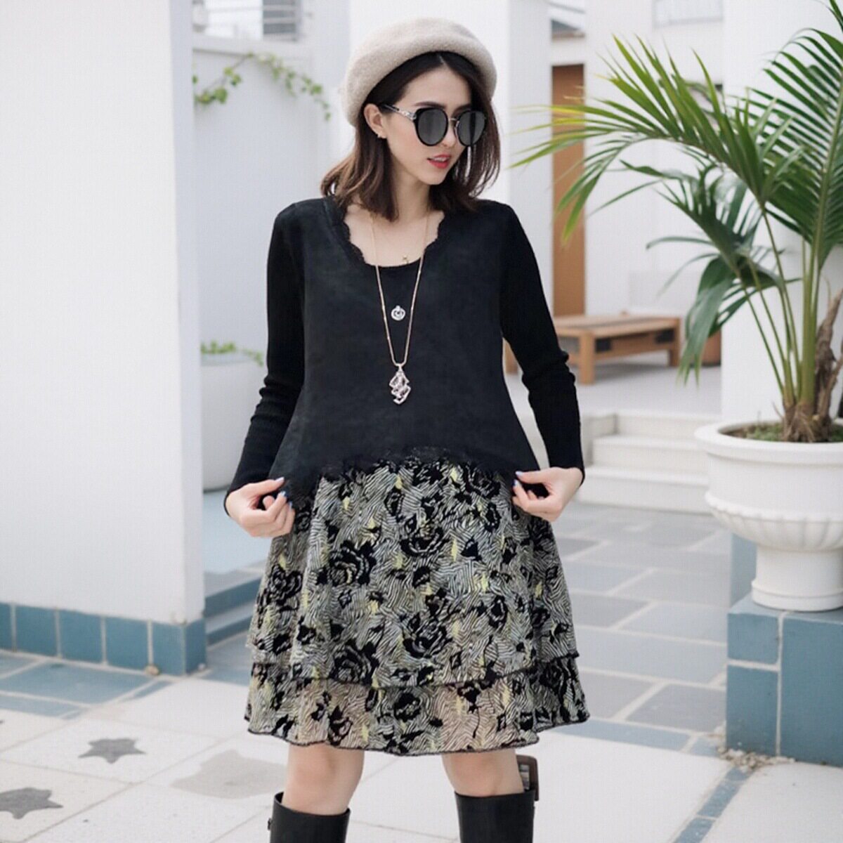 民族风拼接时尚女士鹿皮绒打底衫中长款碎花百搭显瘦百搭个性上衣