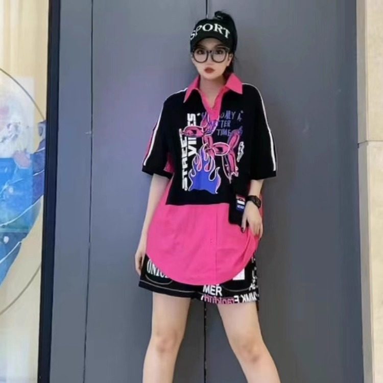 民族风短袖衬衫女士拼接印花中长款套头2026夏季翻领上衣宽松减龄