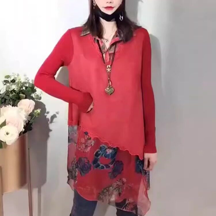 碎花雪纺鹿皮绒拼接假两件衬衣女套头秋冬百搭上衣不规则洋气显瘦