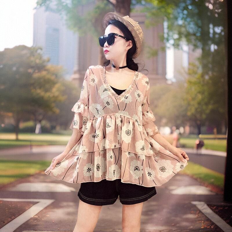 遮肚V领不规则显瘦洋气娃娃衫