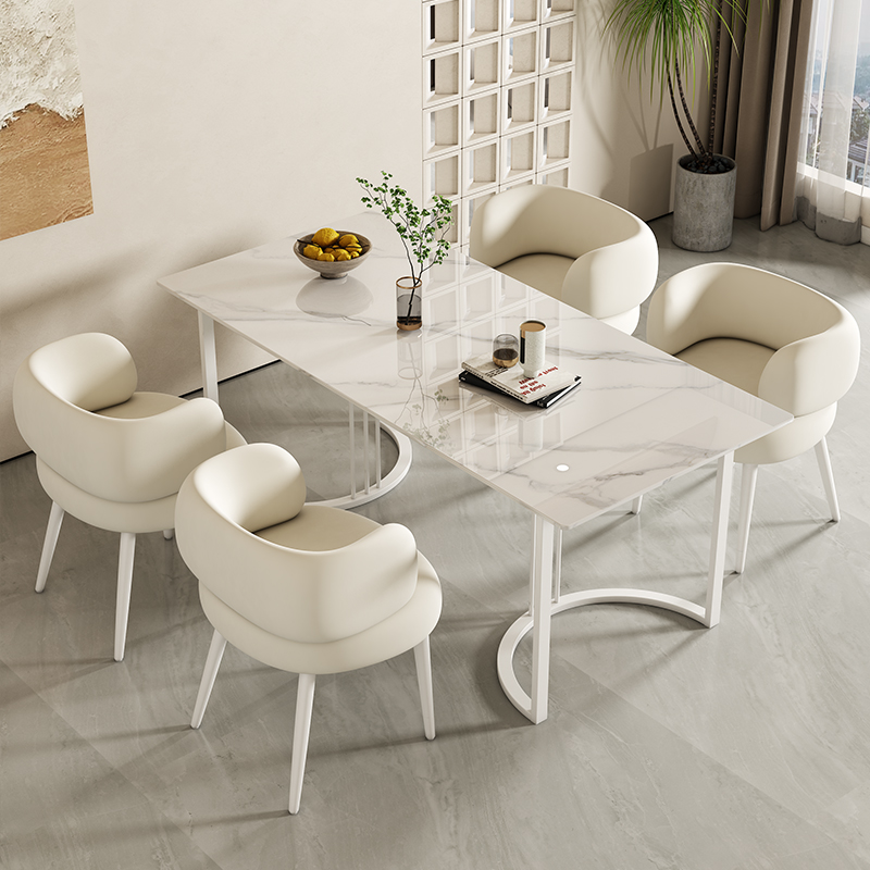极简岩板奶油色餐桌椅组合餐厅家用饭桌新款长方形会客洽谈桌椅子