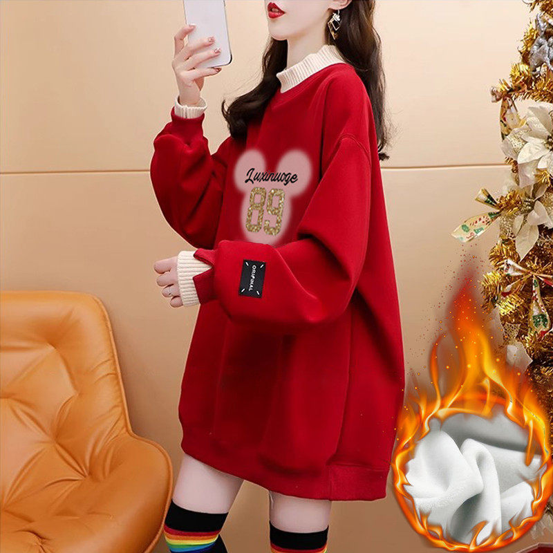 秋冬假两件卫衣女加绒大码胖MM宽松中长款新年红色洋气长袖上衣潮