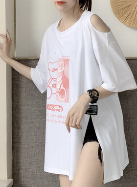 大码200斤开叉短袖T恤女纯棉夏季宽松中长款欧货大版夏天露肩上衣