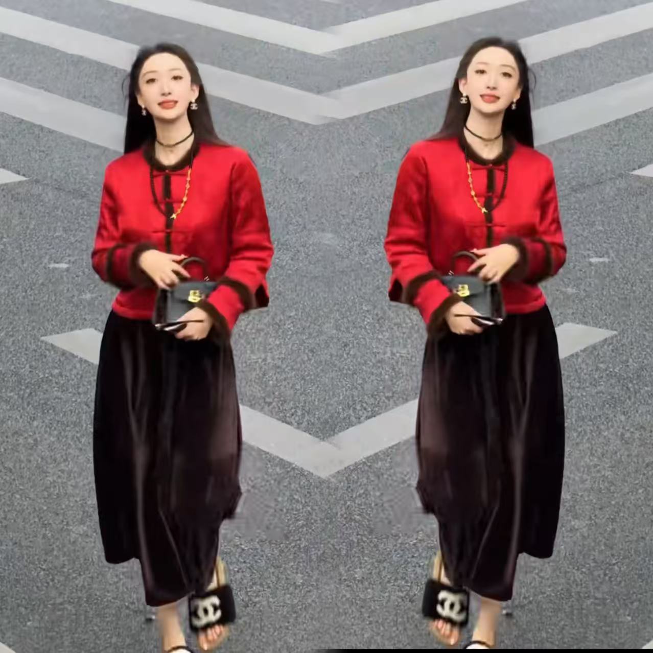 新年红国风盘扣提花棉服女冬