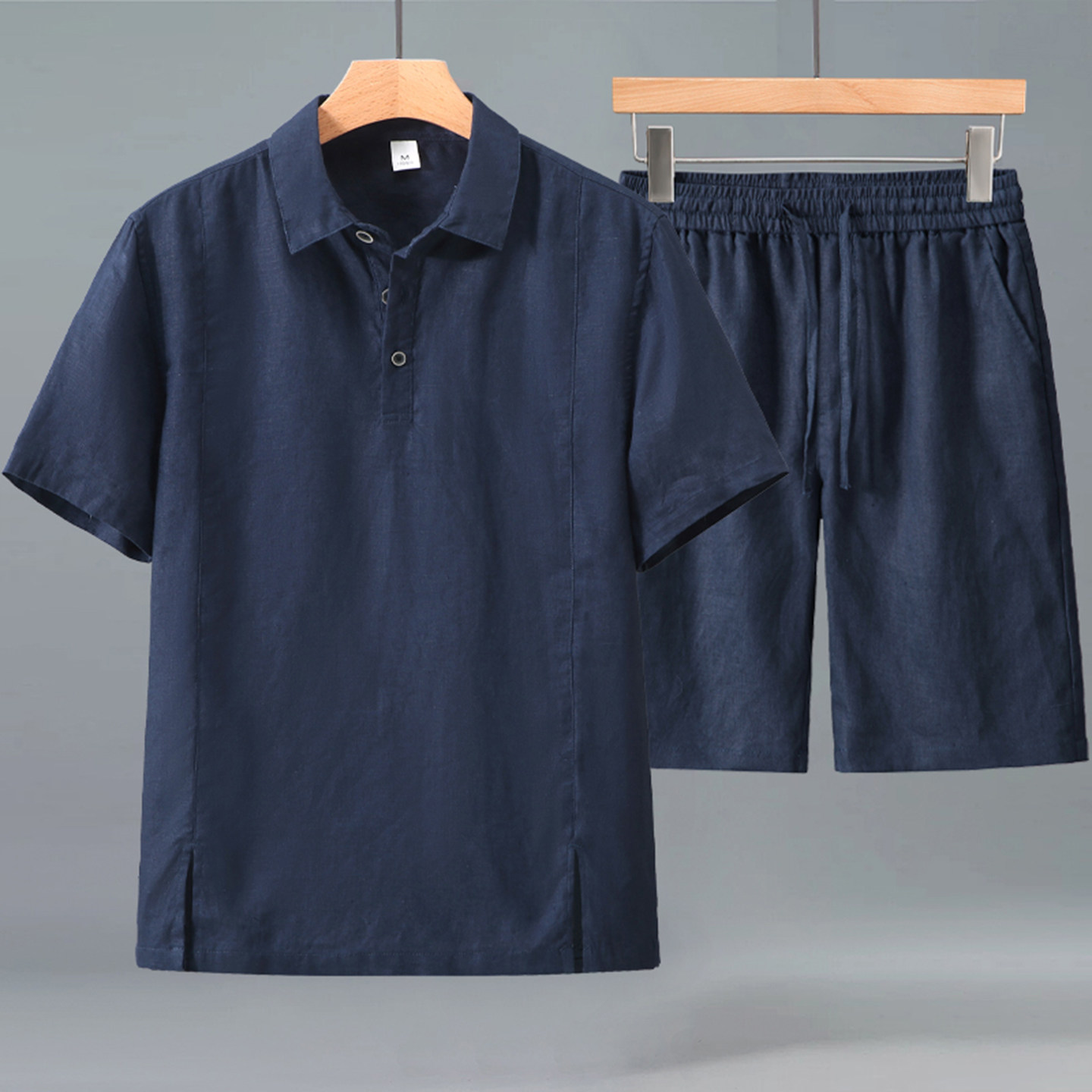 法国双雨露纯亚麻短袖T恤套装100%全麻料五分短裤POLO衫一套衣服t