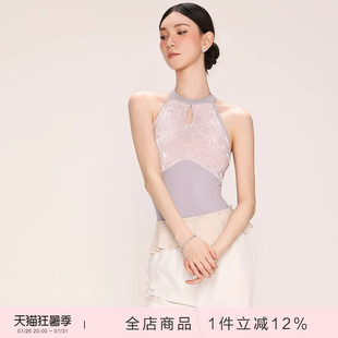 danzbaby芭蕾舞服成人形体服女练功服无袖丝绒拼接挂脖体服B387