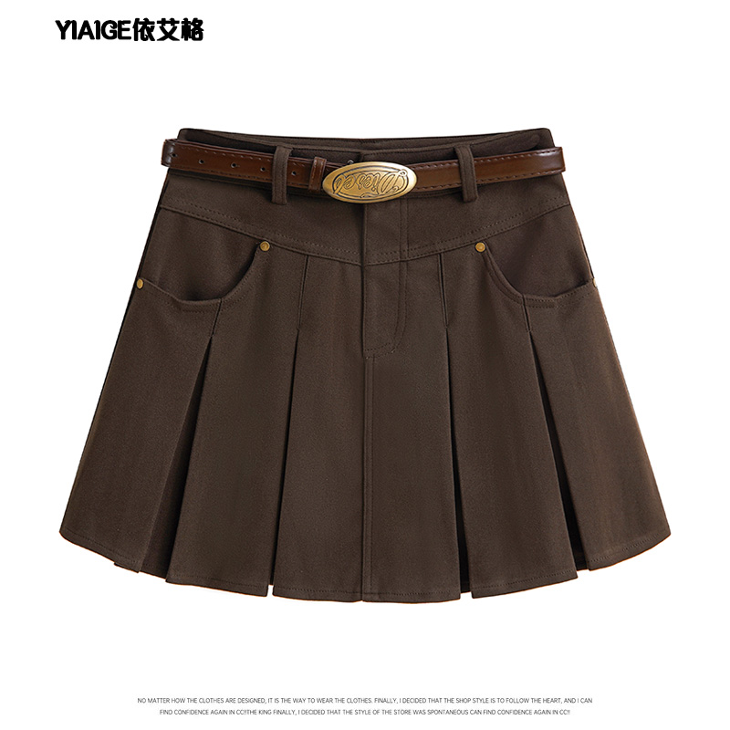 辣妹咖色毛呢百褶裙女2025秋冬款学院风小个子穿搭a字半身裙短裙