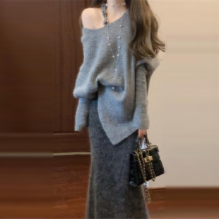 气质包臀长裙套装 法式 2025新款 子女秋冬季 灰色露肩毛衣针织洋装