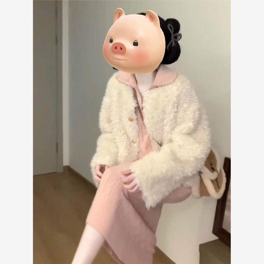 春季服装2025年新的粉红色针织毛衣连衣裙小妇女与大衣和秋冬长裙