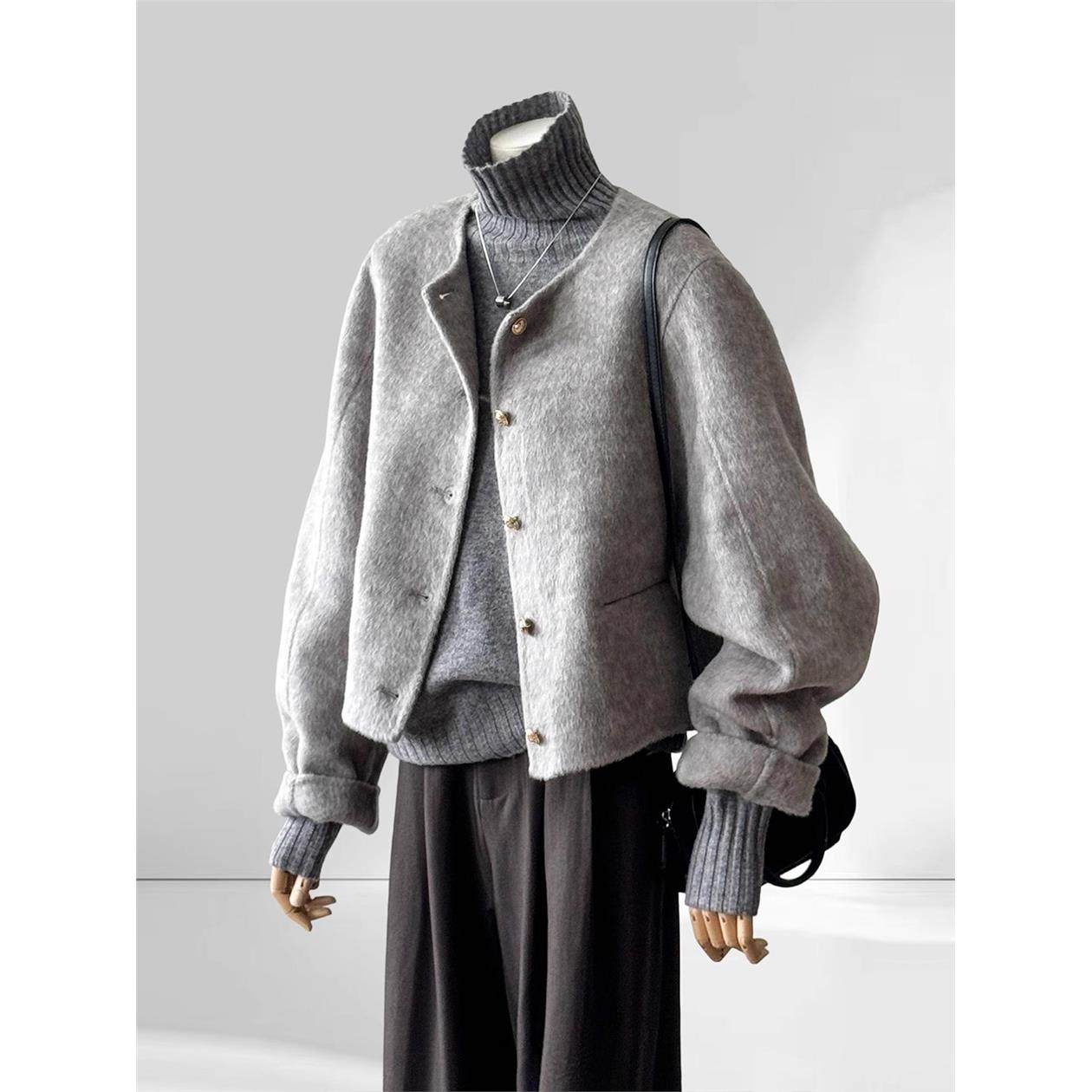 短款灰色双面羊绒毛呢子大衣外套女2025年秋冬季新款高级感小个子