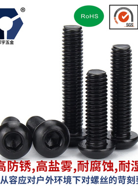 3x3→3x40黑色圆杯螺丝 ISO7380不锈钢圆头 内六角高盐雾防锈螺丝