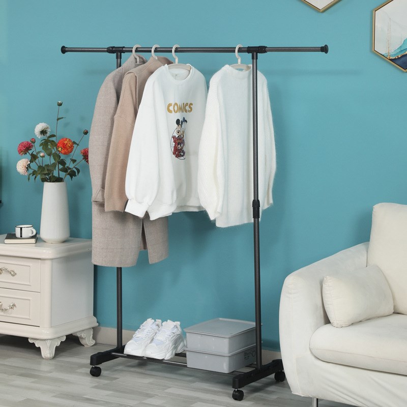 单杆落地晾衣架 折叠室内双杠式晒衣架 挂衣帽架子简易收纳架