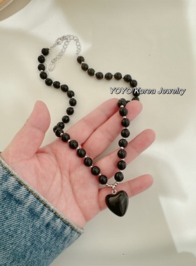 黑色串珠爱心时尚个性甜酷项链