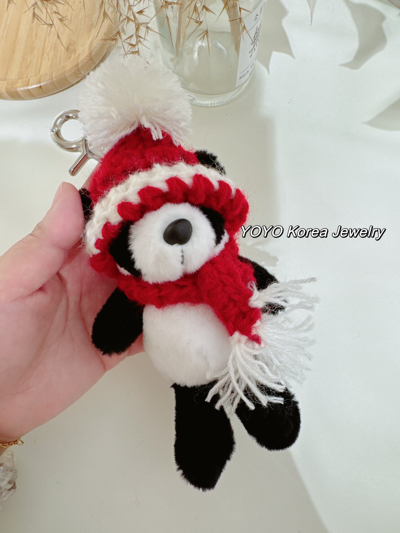 CHIC JEWELRY韩国新款可爱卡通红色针织帽小熊猫毛绒包挂件钥匙扣