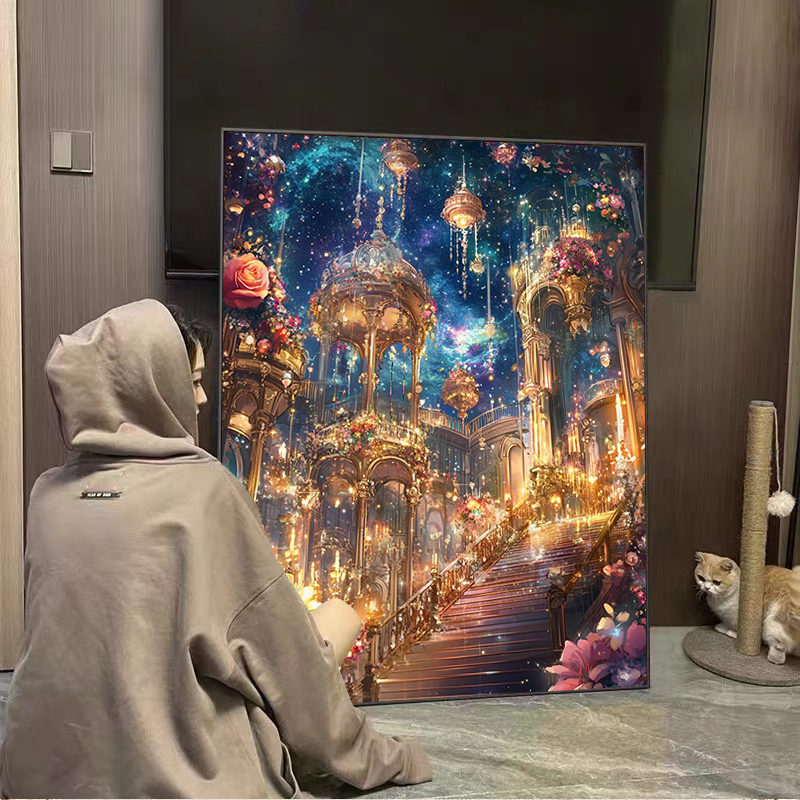 2025新款北欧梦幻城堡diy高级感钻石画手工十字绣刺绣带框装饰画图片