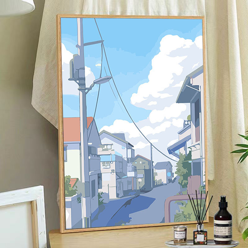 日式海边城市风景数字油画diy手工治愈系丙烯涂色风景油彩装饰画图片