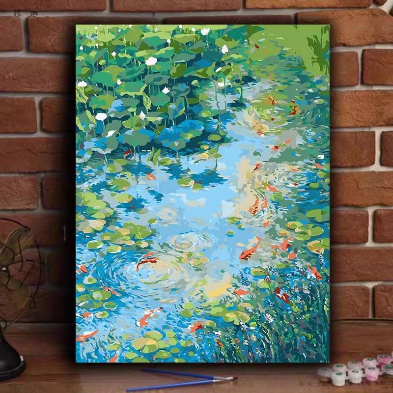 荷花数字油画diy丙烯填色画高颜值治愈装饰画解压手工礼物油彩画图片