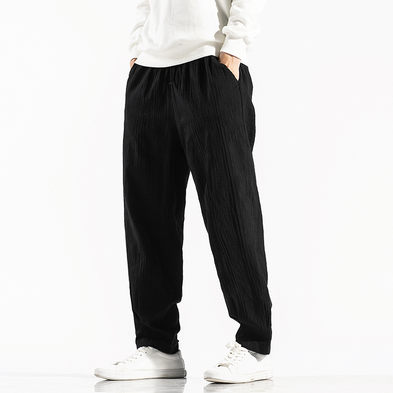 2021春季风复古棉麻休闲裤收脚阔腿哈伦提花裤子男潮/，男装休闲裤，电商B275